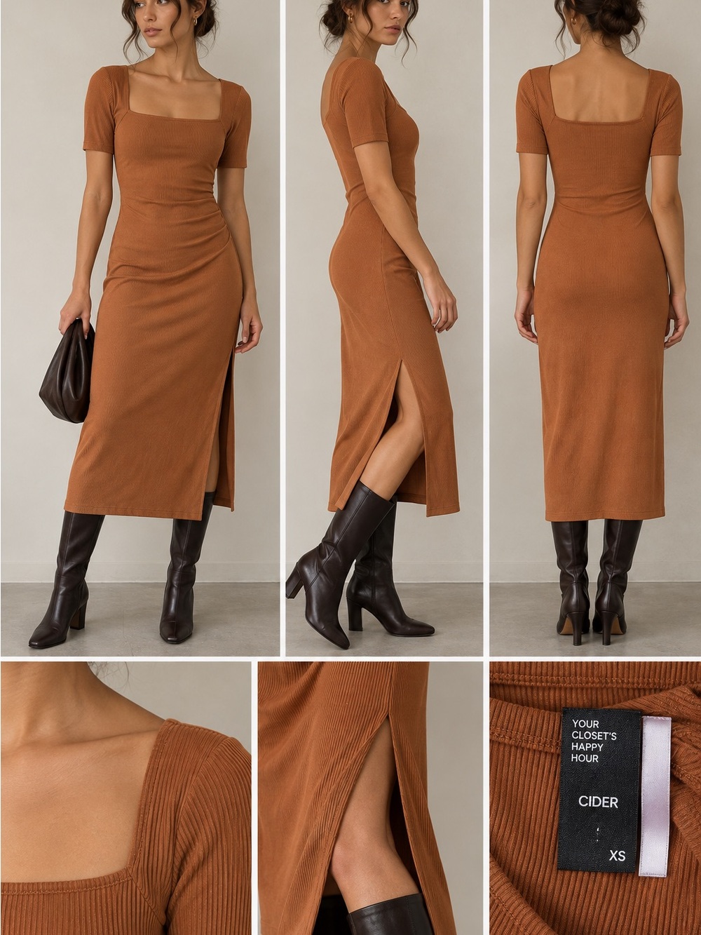 Cider Ribbed Square Neck Top in Rust SQUARE NECK SOLID SPLIT MIDI DRESS size XS